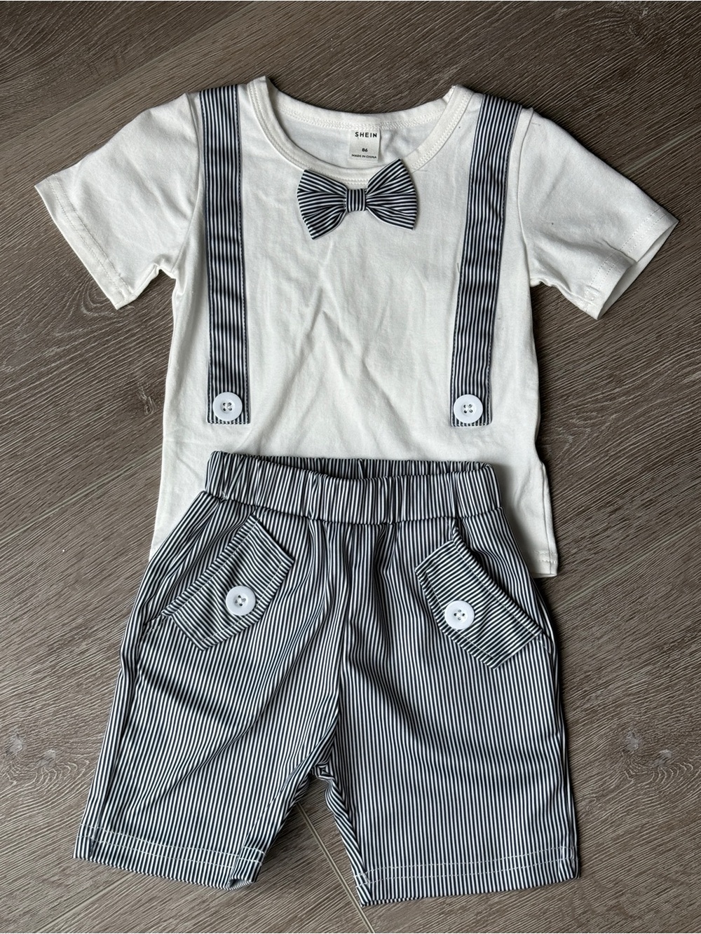 SHEIN White Tee with Black Striped Bowtie & Shorts Set